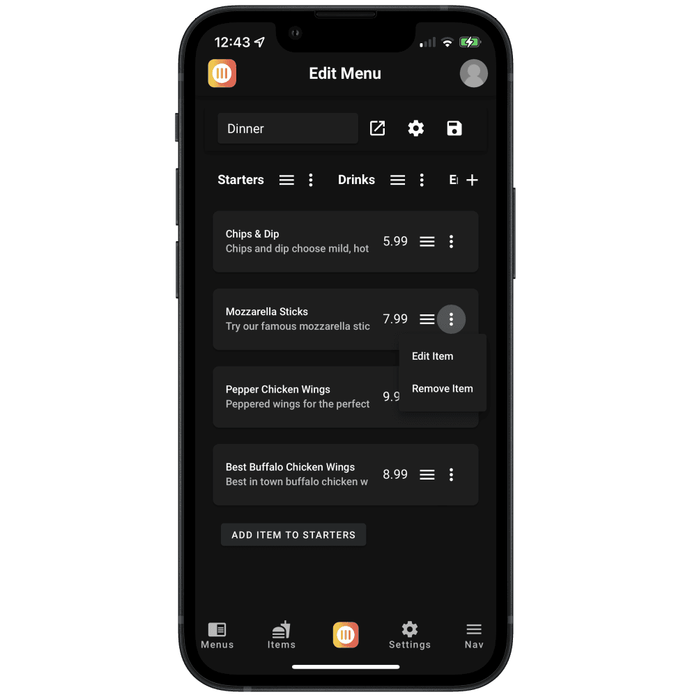 Menuify's visual menu editor